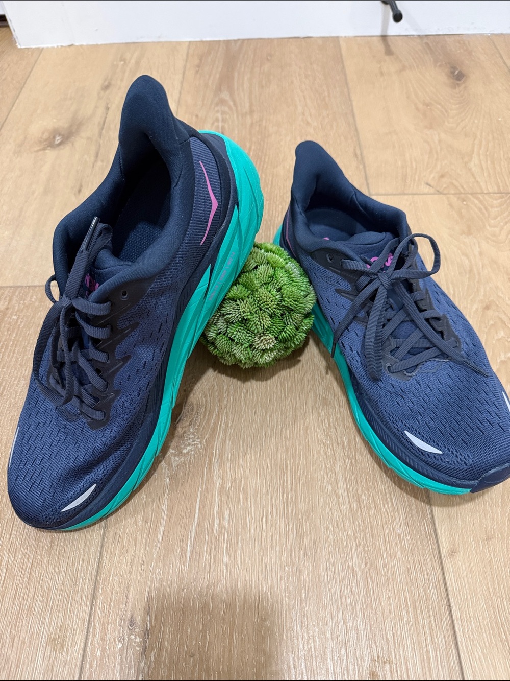 Hoka Women's Clifton 8 Navy Running Shoes with Teal Sole - 9.5